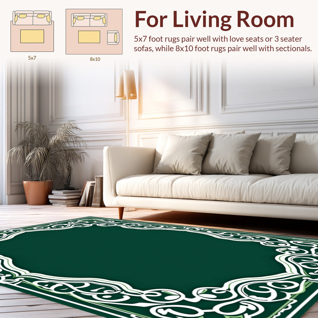 Ornate Emerald Scrollwork Frame Rug