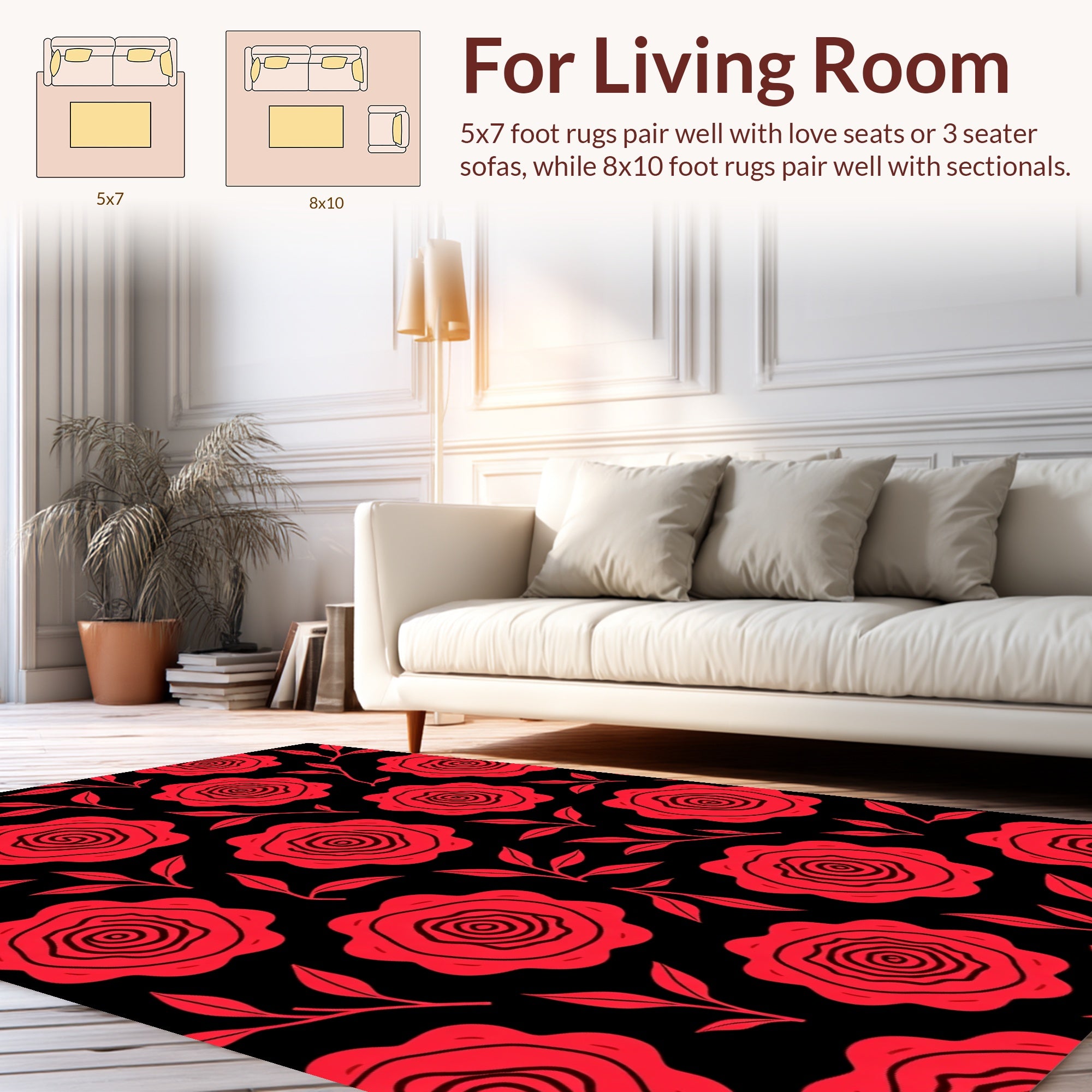Bold Red Rose Botanical Design Rug