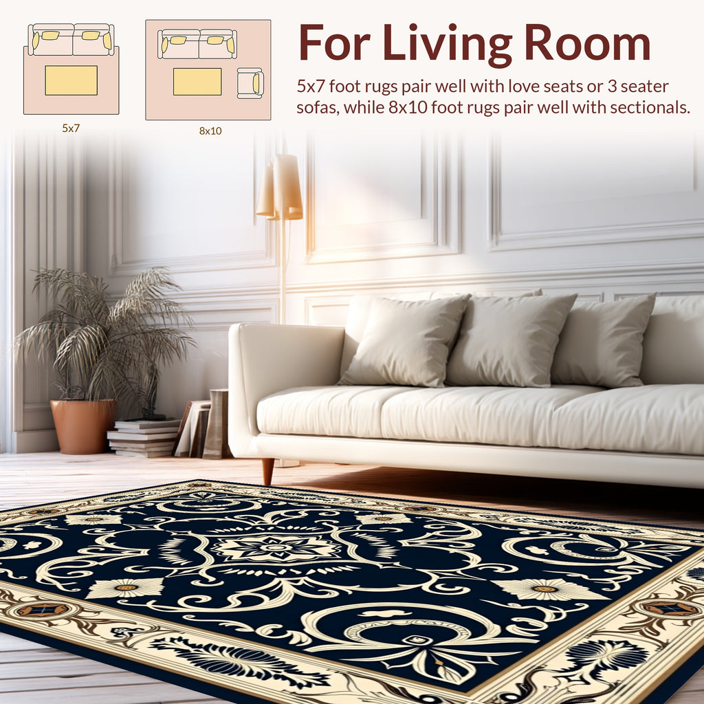 Ornate Floral Cream and Navy Rug