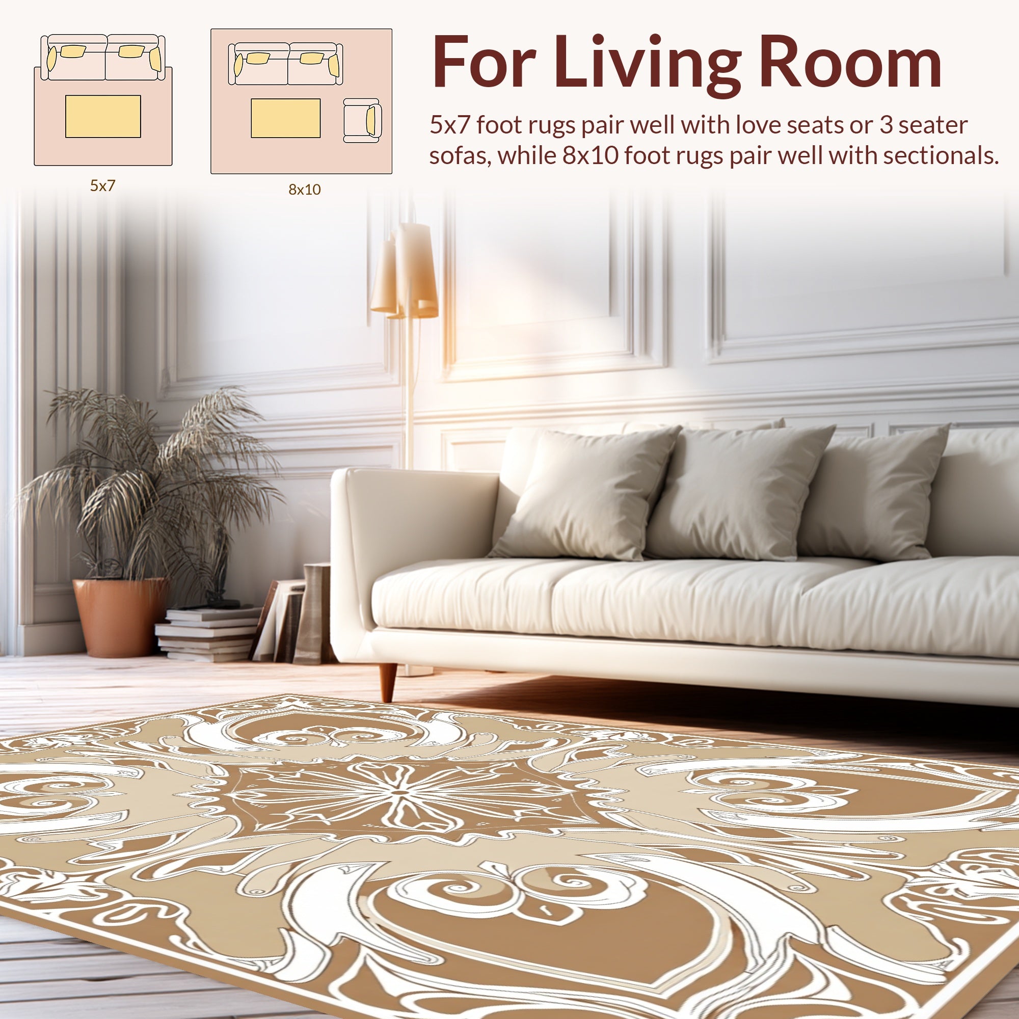 Elegant Brown White Floral Art Nouveau Rug