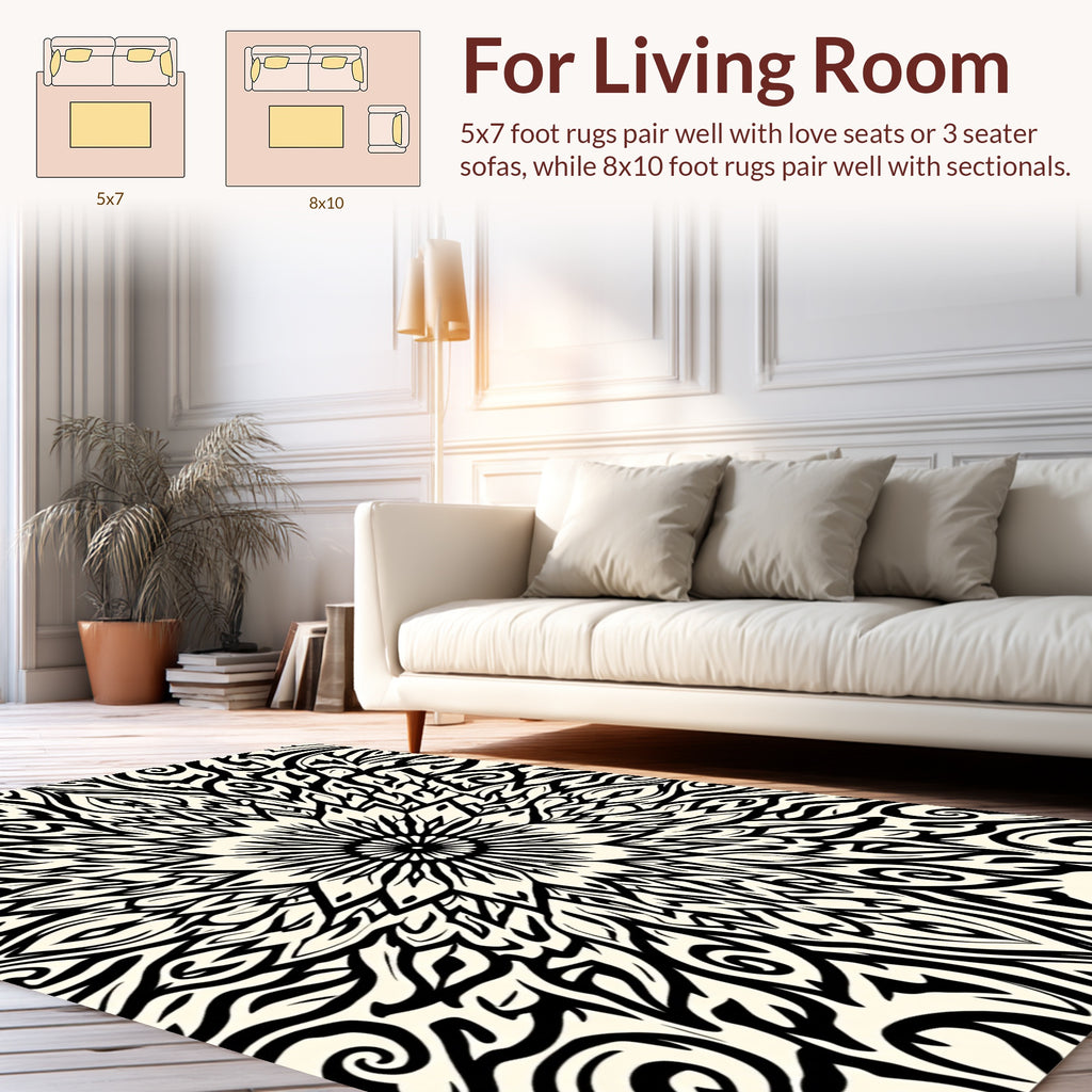 Striking Black Cream Mandala Design Rug