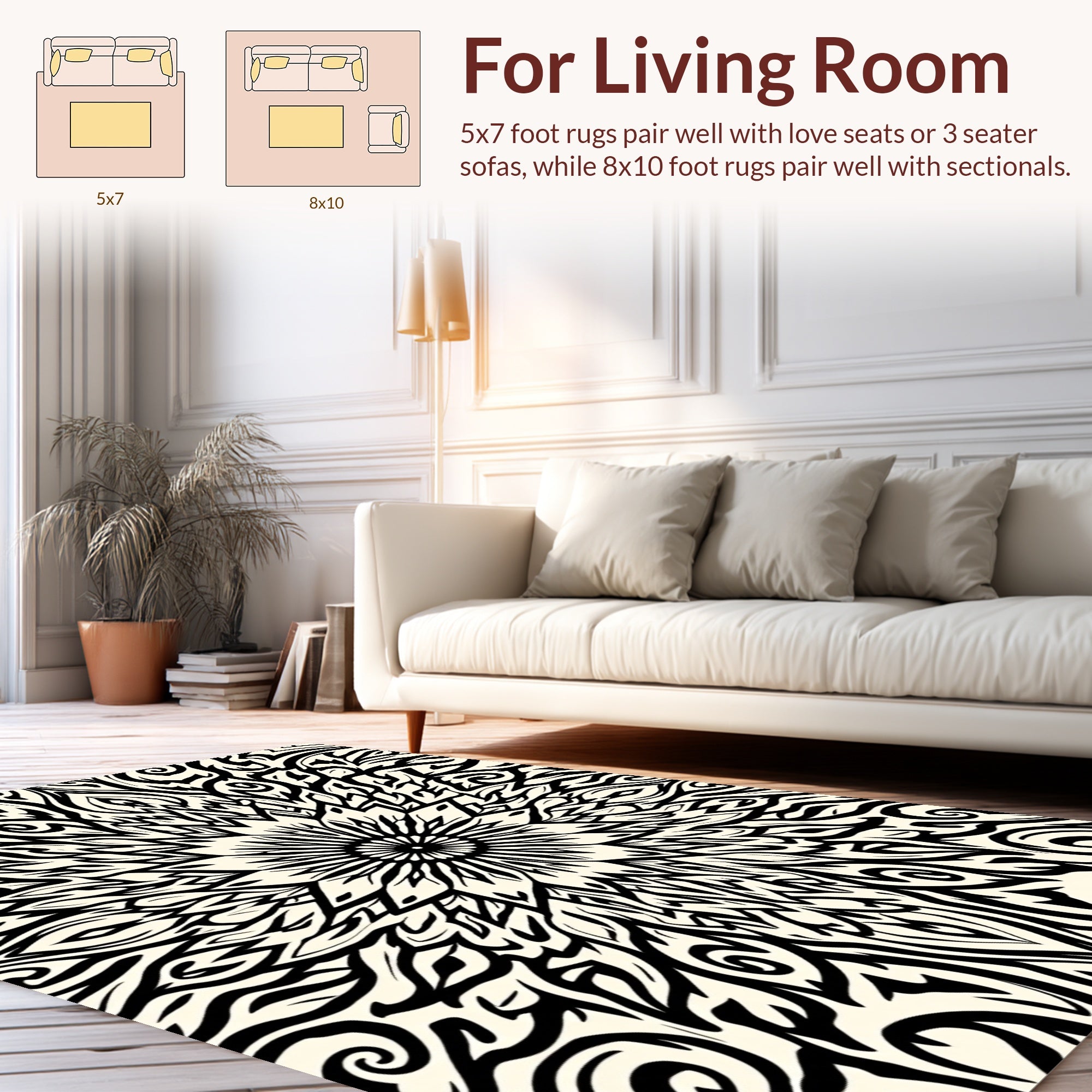 Striking Black Cream Mandala Design Rug