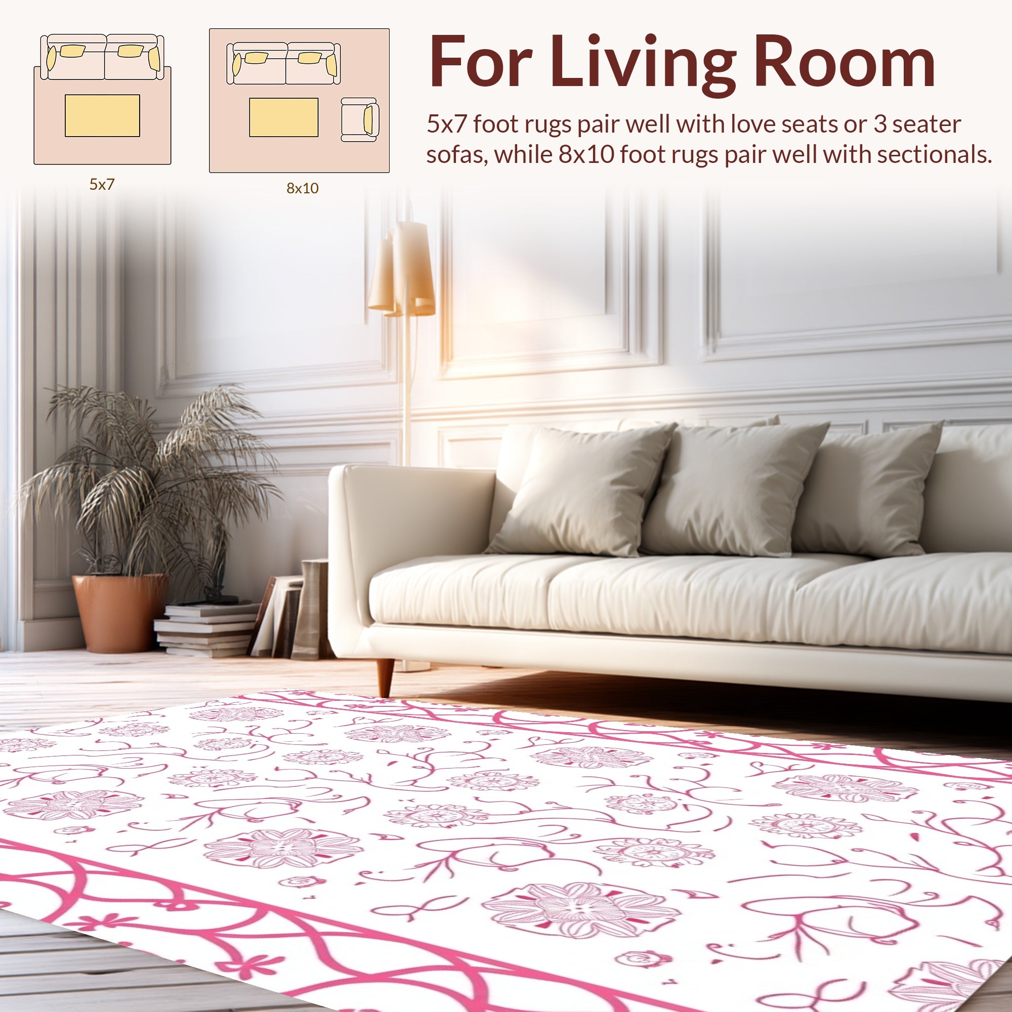 Pink Floral Vine Outline Design Rug
