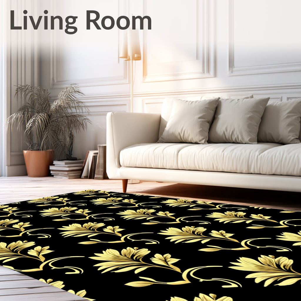 Elegant Gold Floral Scrolling Pattern Rug
