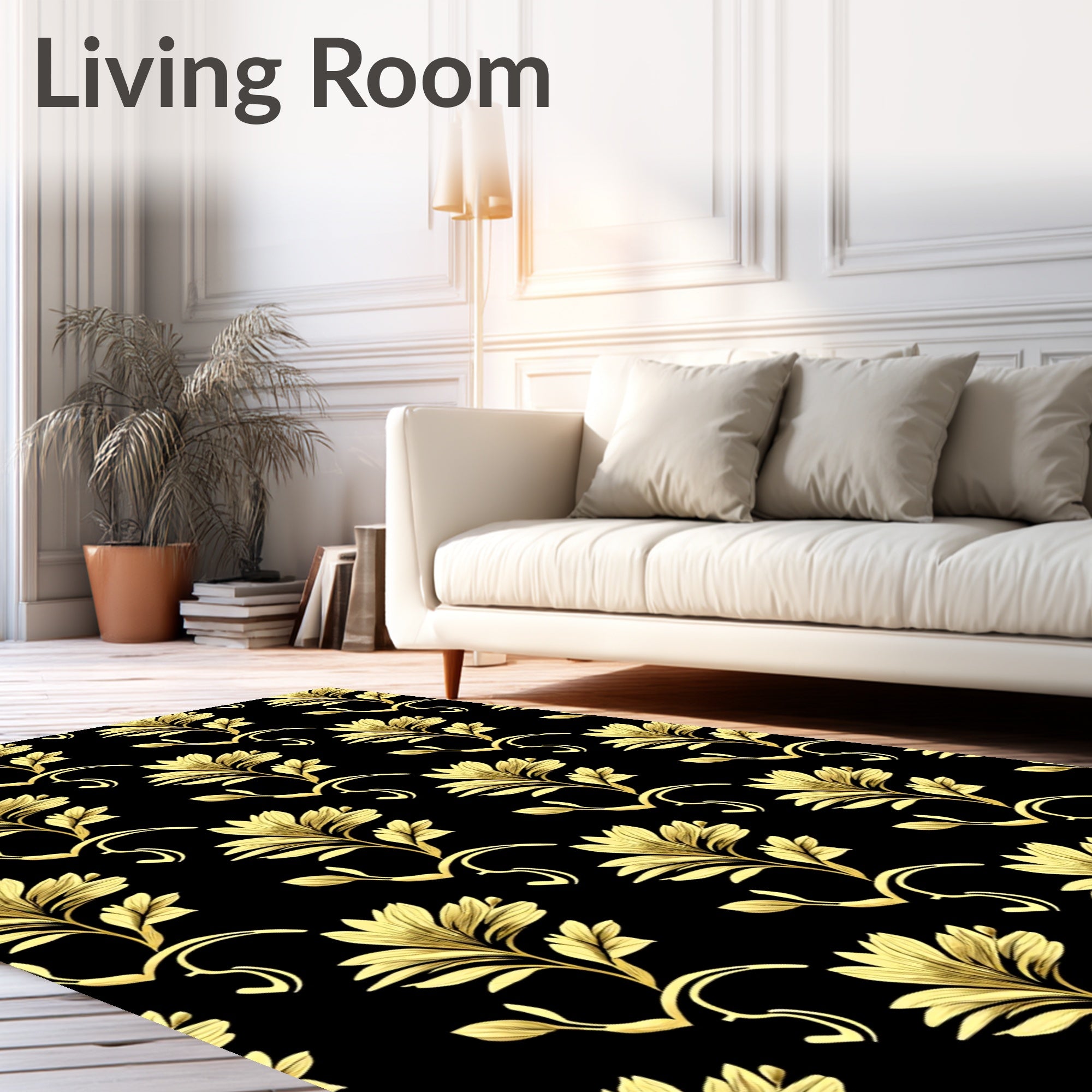 Elegant Gold Floral Scrolling Pattern Rug