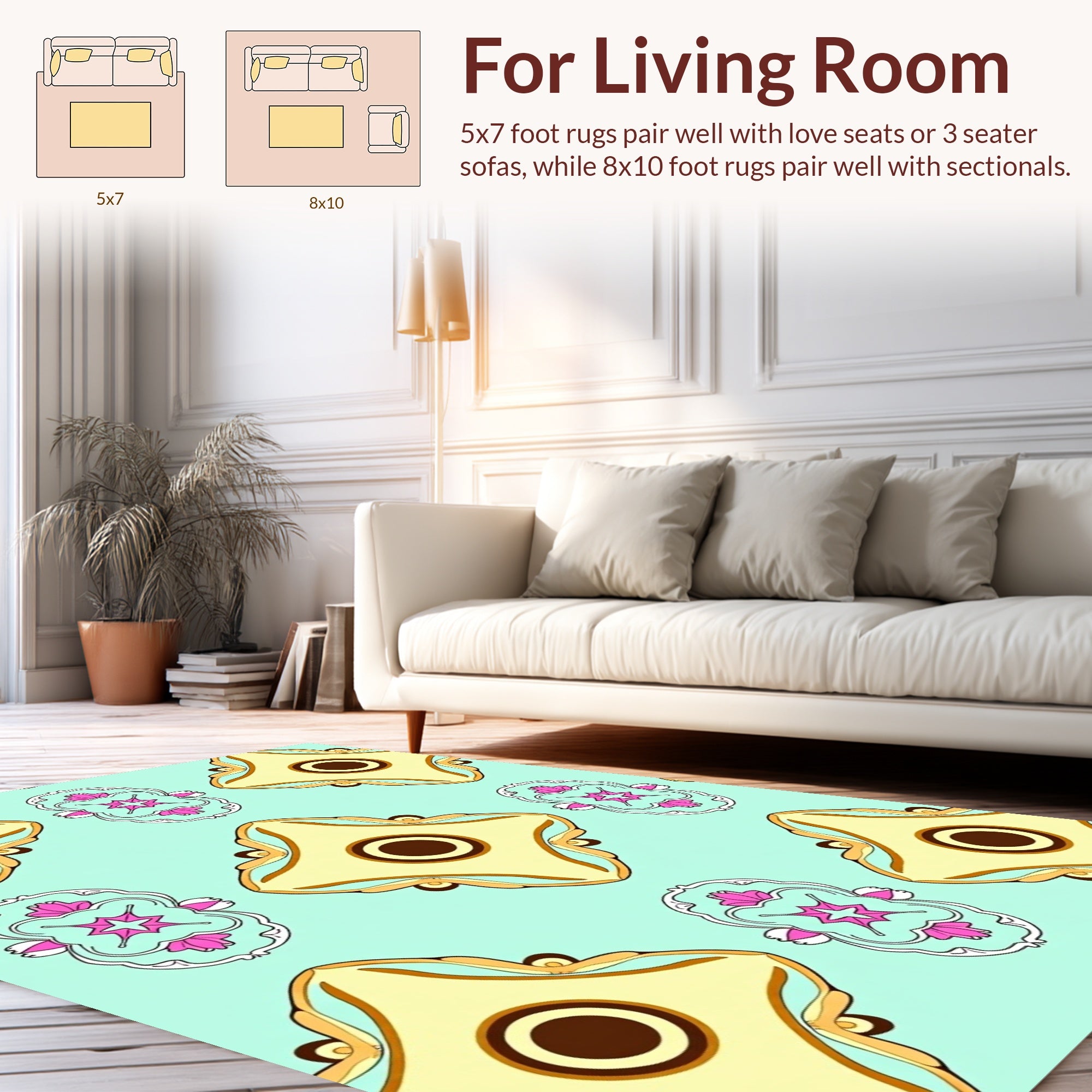 Ornate Teal Yellow Floral Medallion Pattern Rug