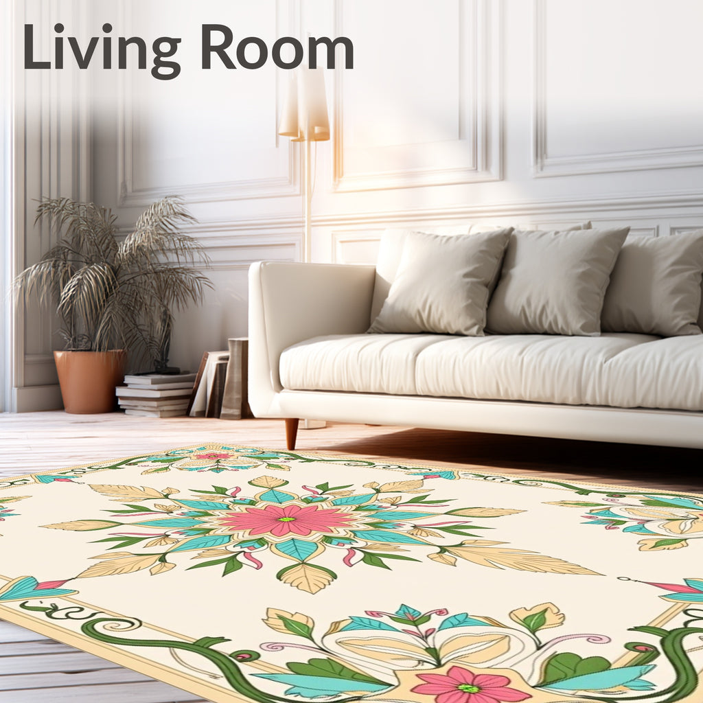 Floral Medallion Print With Vine Border Rug