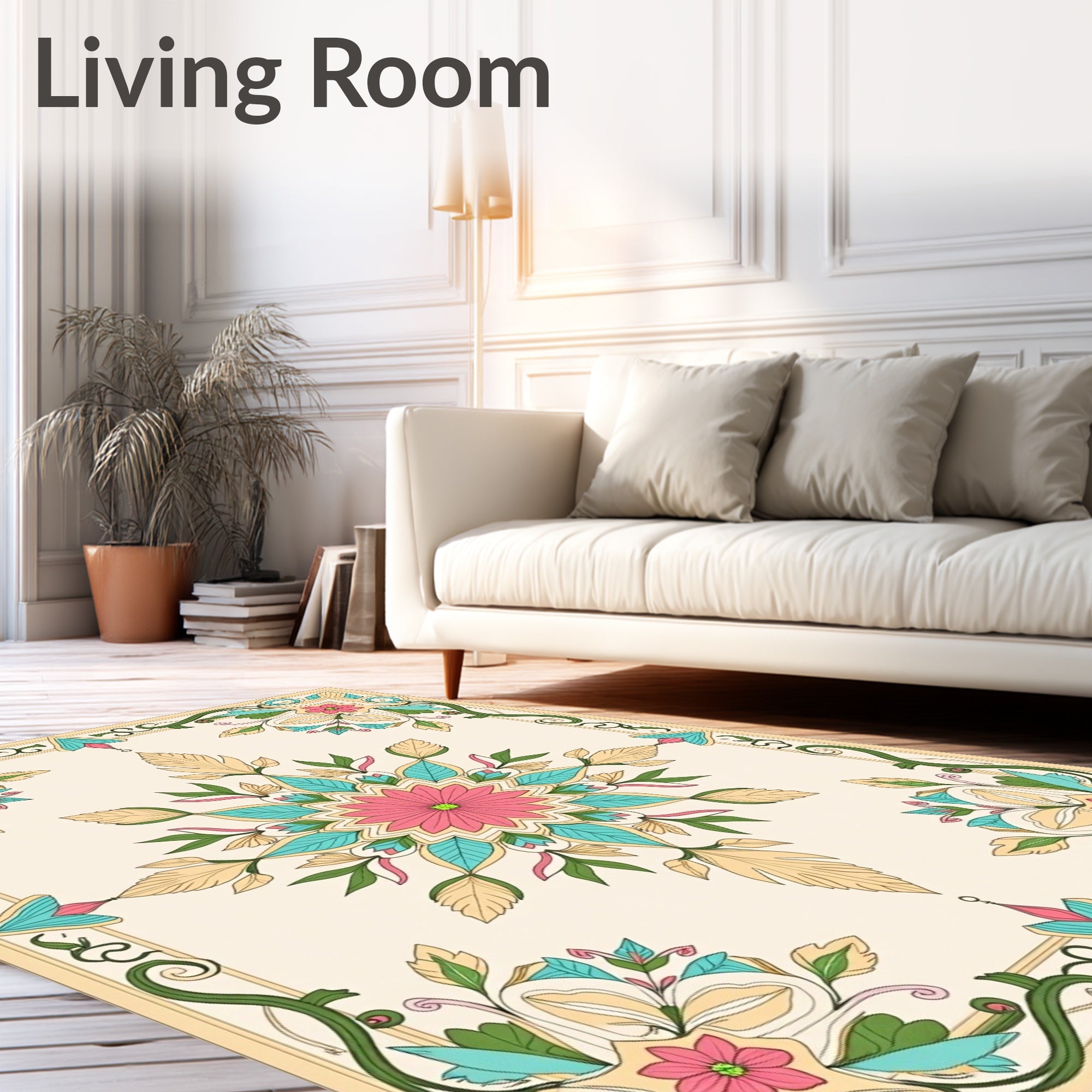 Floral Medallion Print With Vine Border Rug