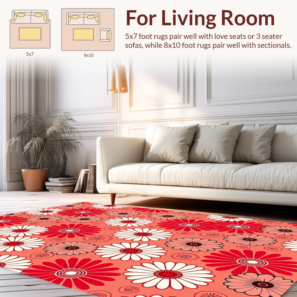 Retro Daisy Floral Red White Rug
