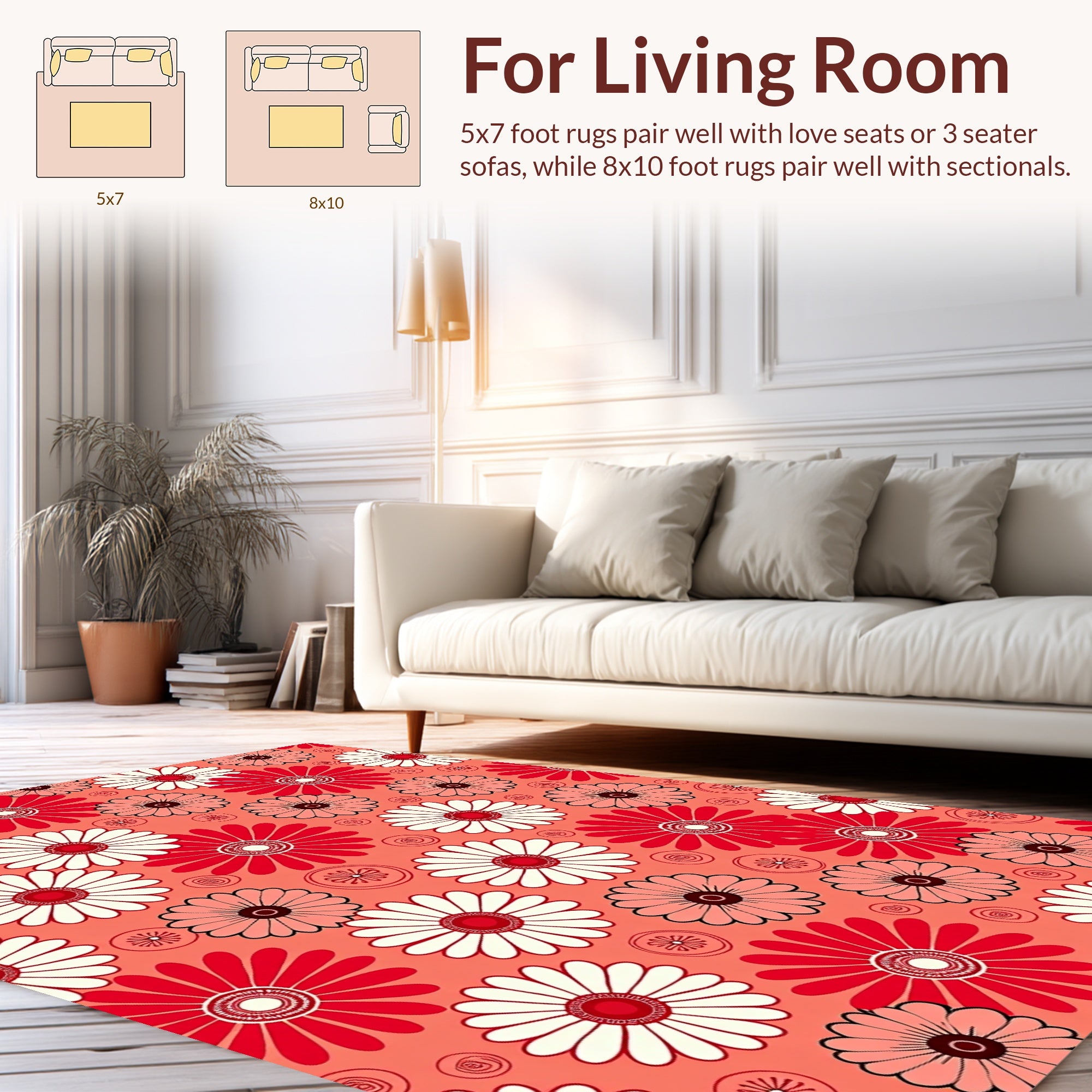 Retro Daisy Floral Red White Rug