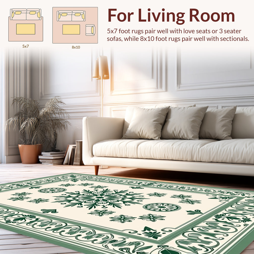 Elegant Green Floral Medallion Border Rug
