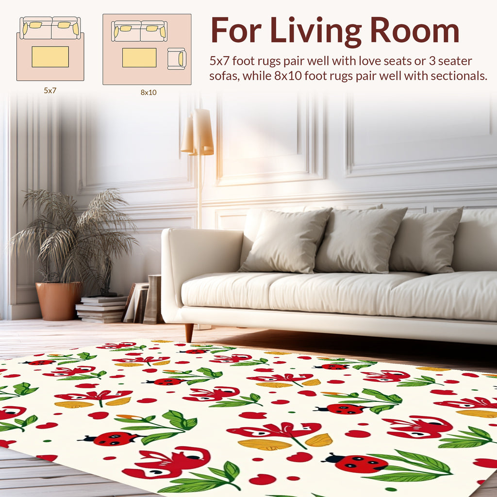 Red Ladybug Floral Garden Pattern Rug