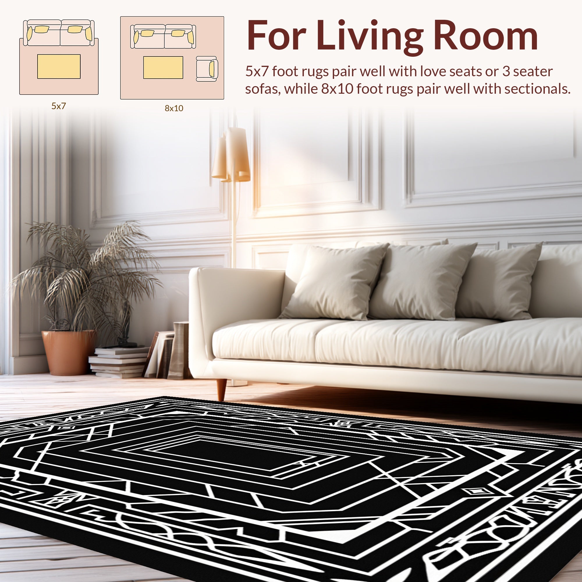 Art Deco Geometric White Line Design Rug