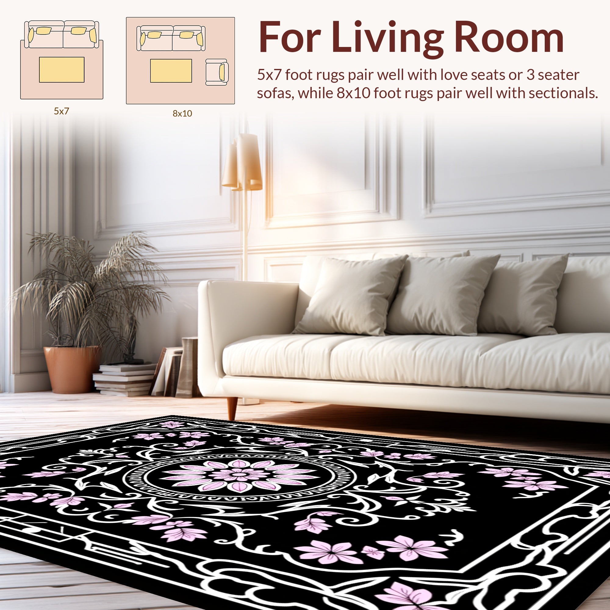 Ornate Floral Symmetry Black White Rug