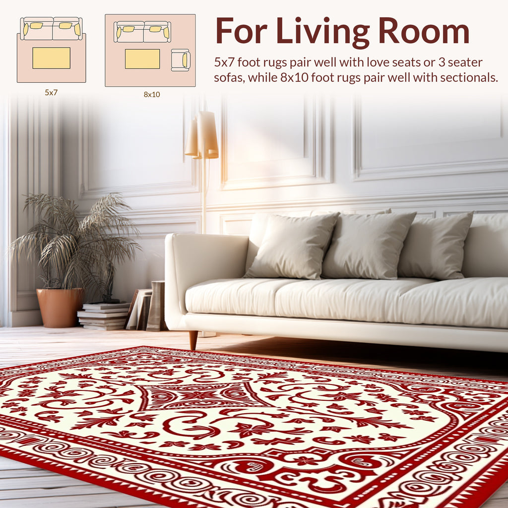 Elegant Red Floral Scroll Pattern Rug