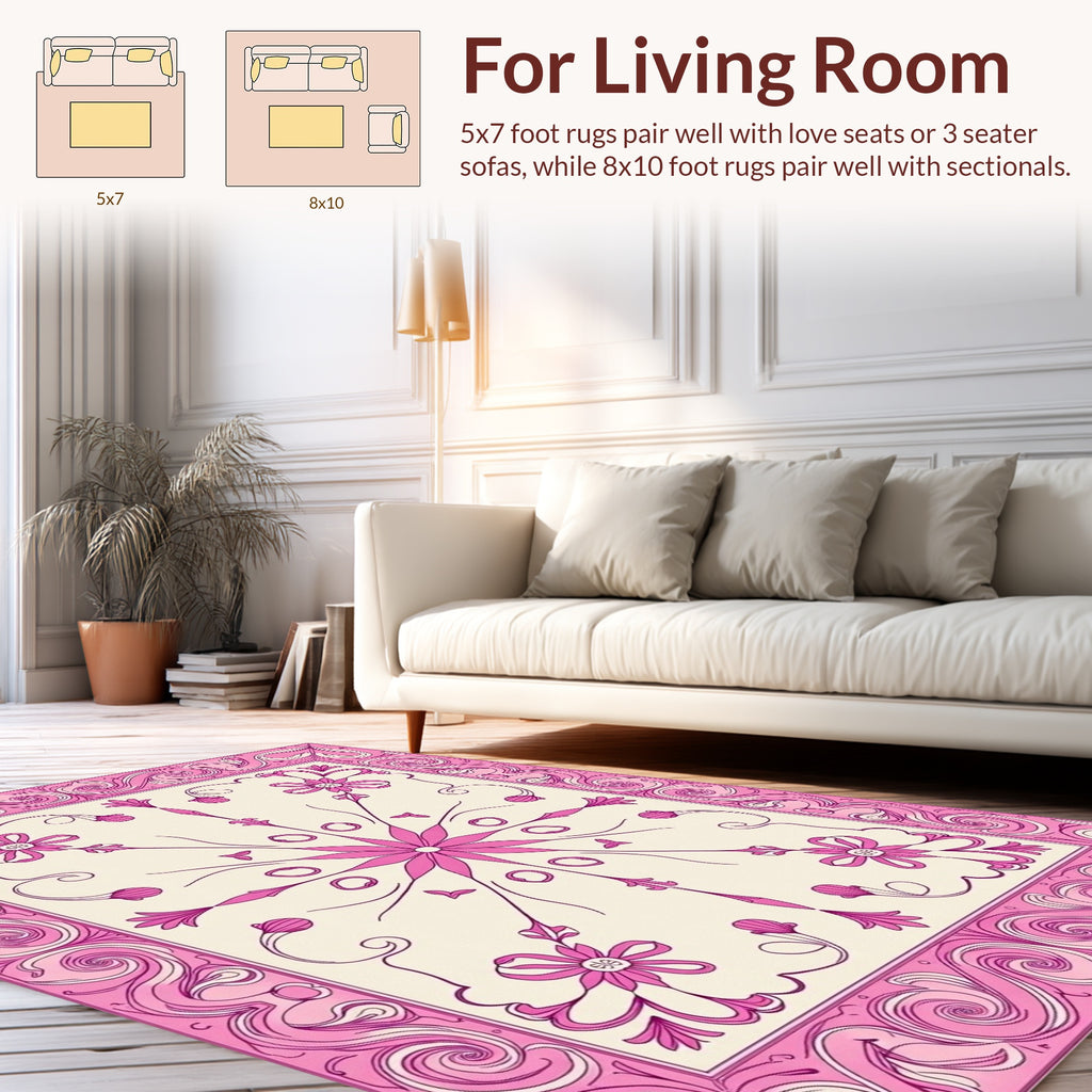 Pink Floral Swirl Frame Rug