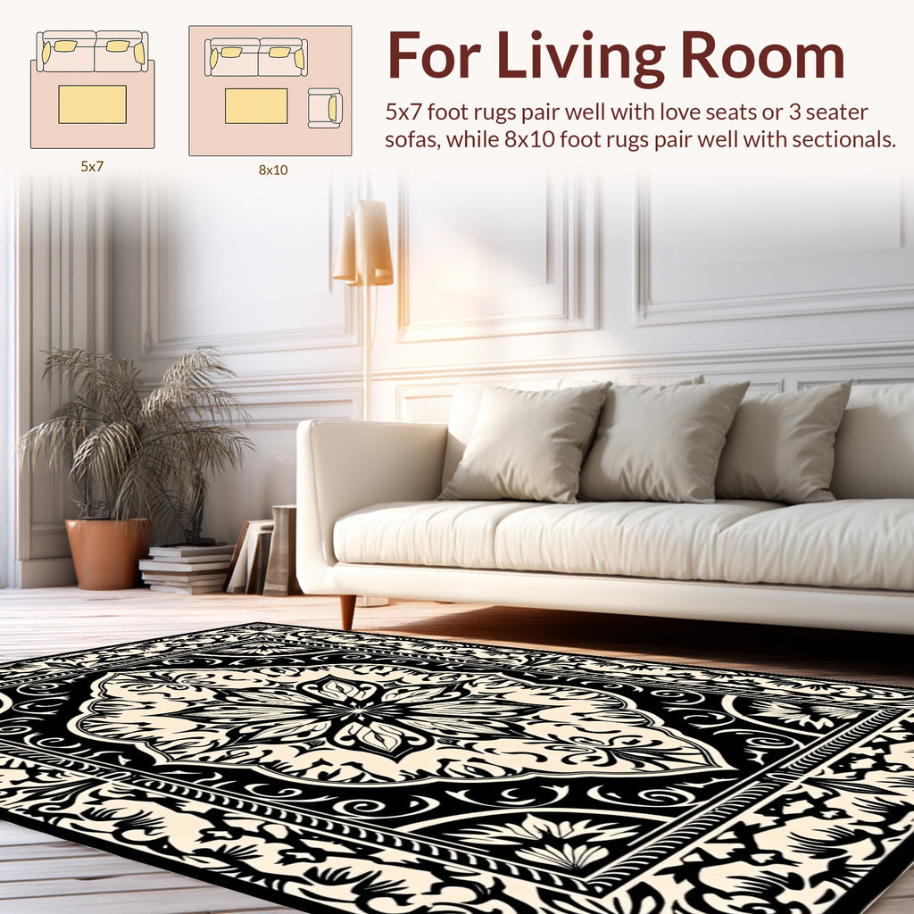 Ornate Floral Mandala Black Cream Rug