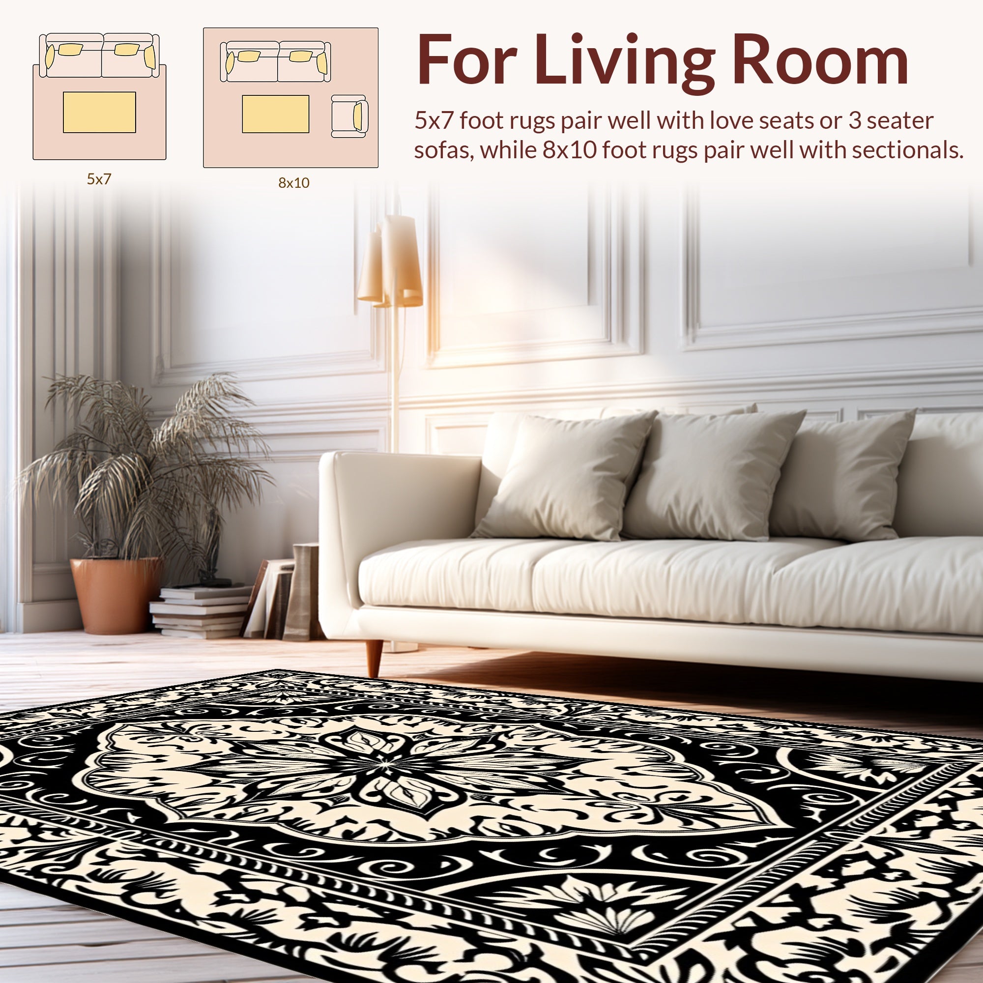 Ornate Floral Mandala Black Cream Rug