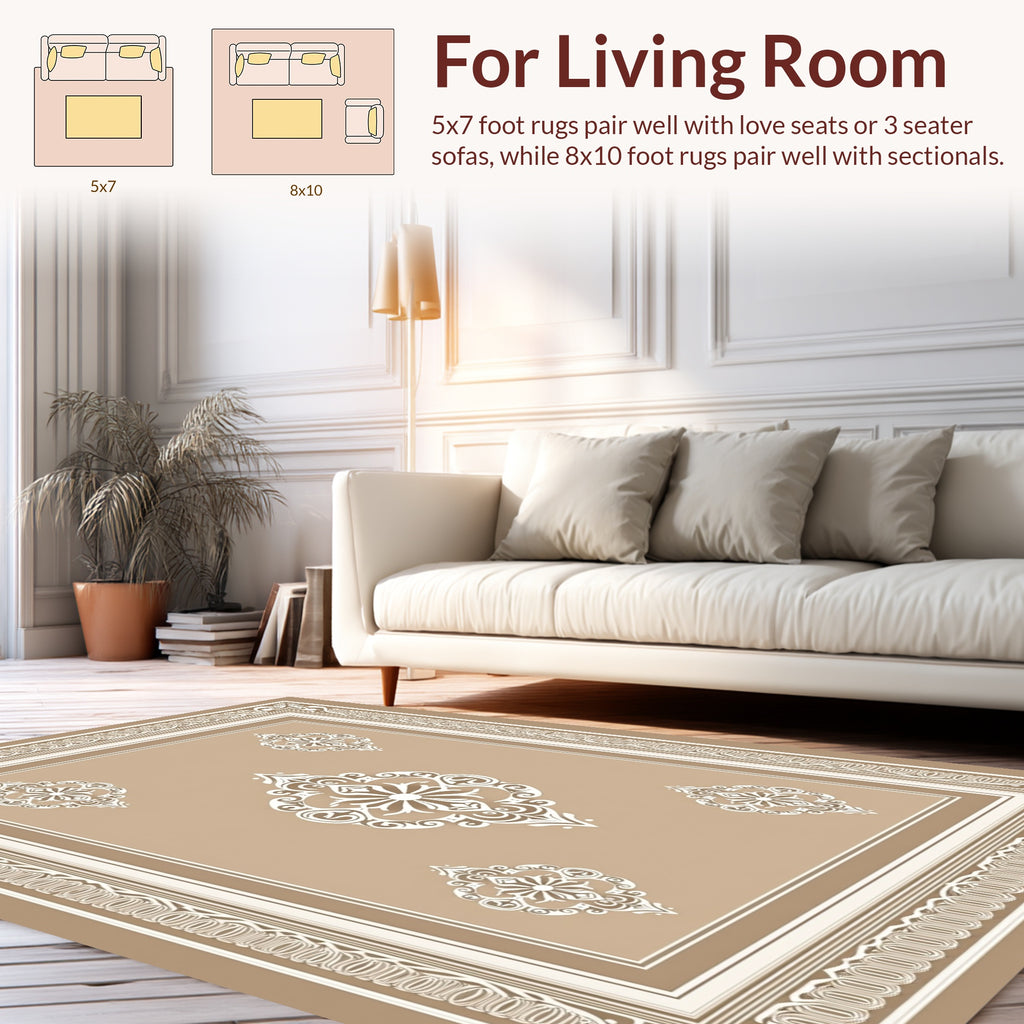 Elegant White Scrollwork Cream Rug