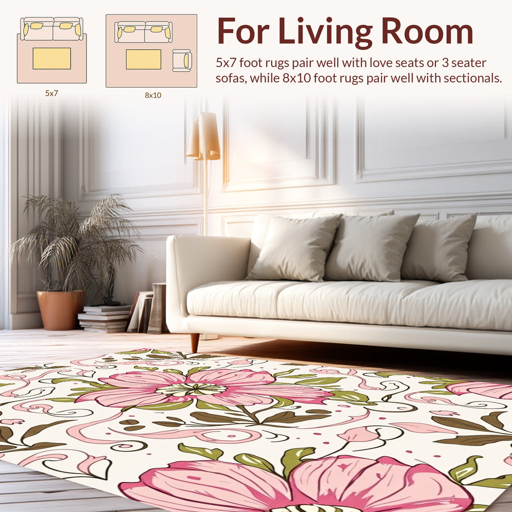 Pink Floral Swirls Botanical Pattern Rug