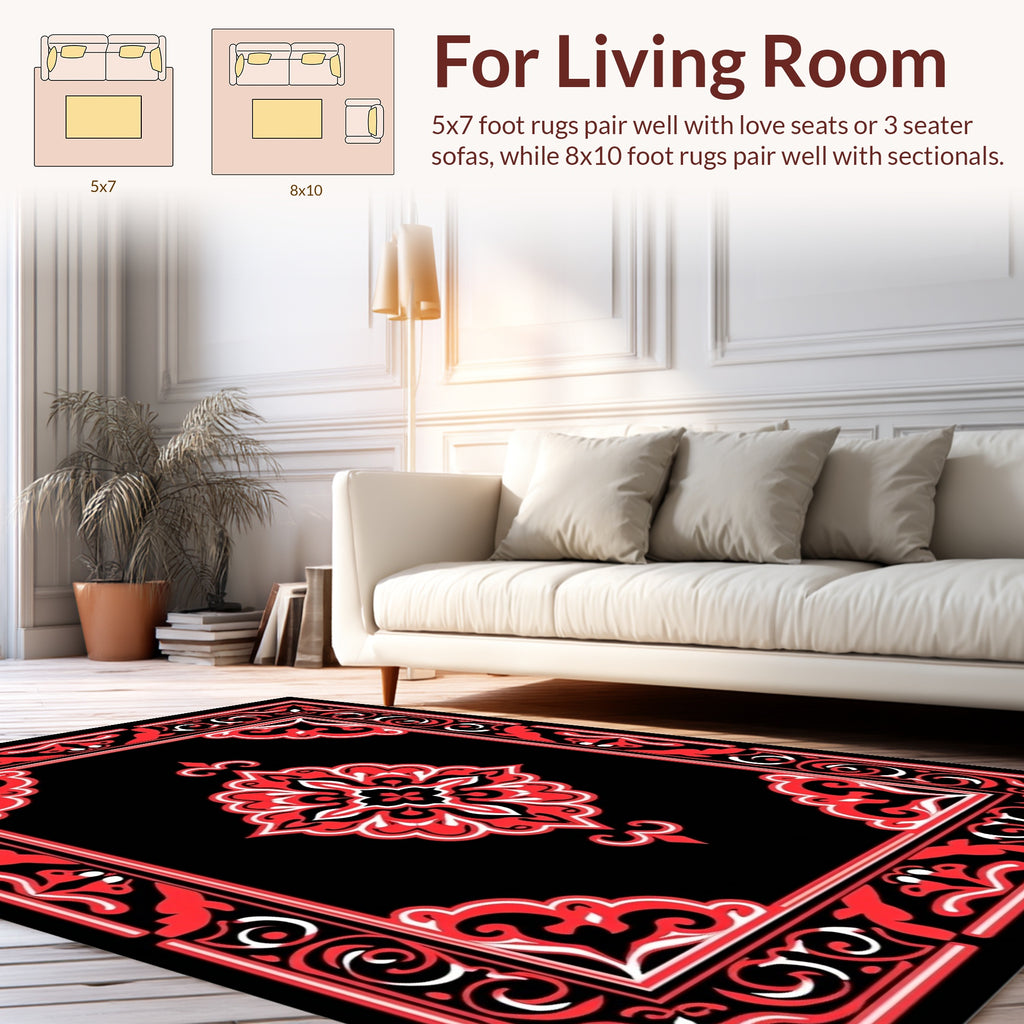 Bold Black Red Floral Medallion Rug