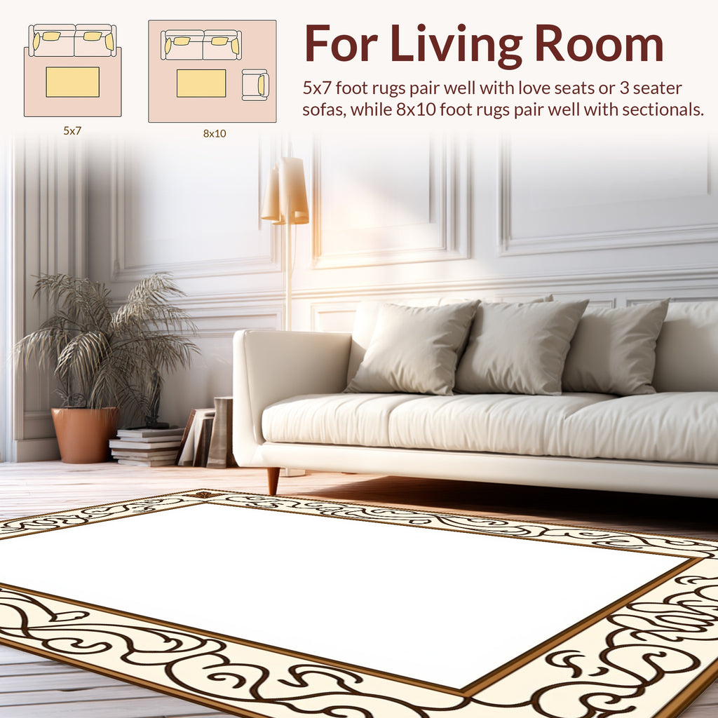 Elegant Cream Brown Scrollwork Border Rug