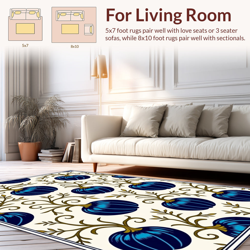 Deep Blue Pumpkin Vine Pattern Rug