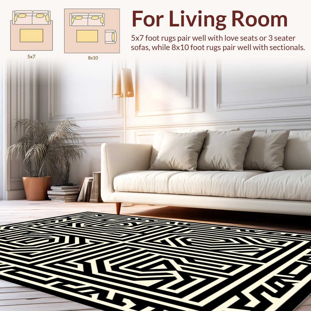 Abstract Black White Maze Design Rug
