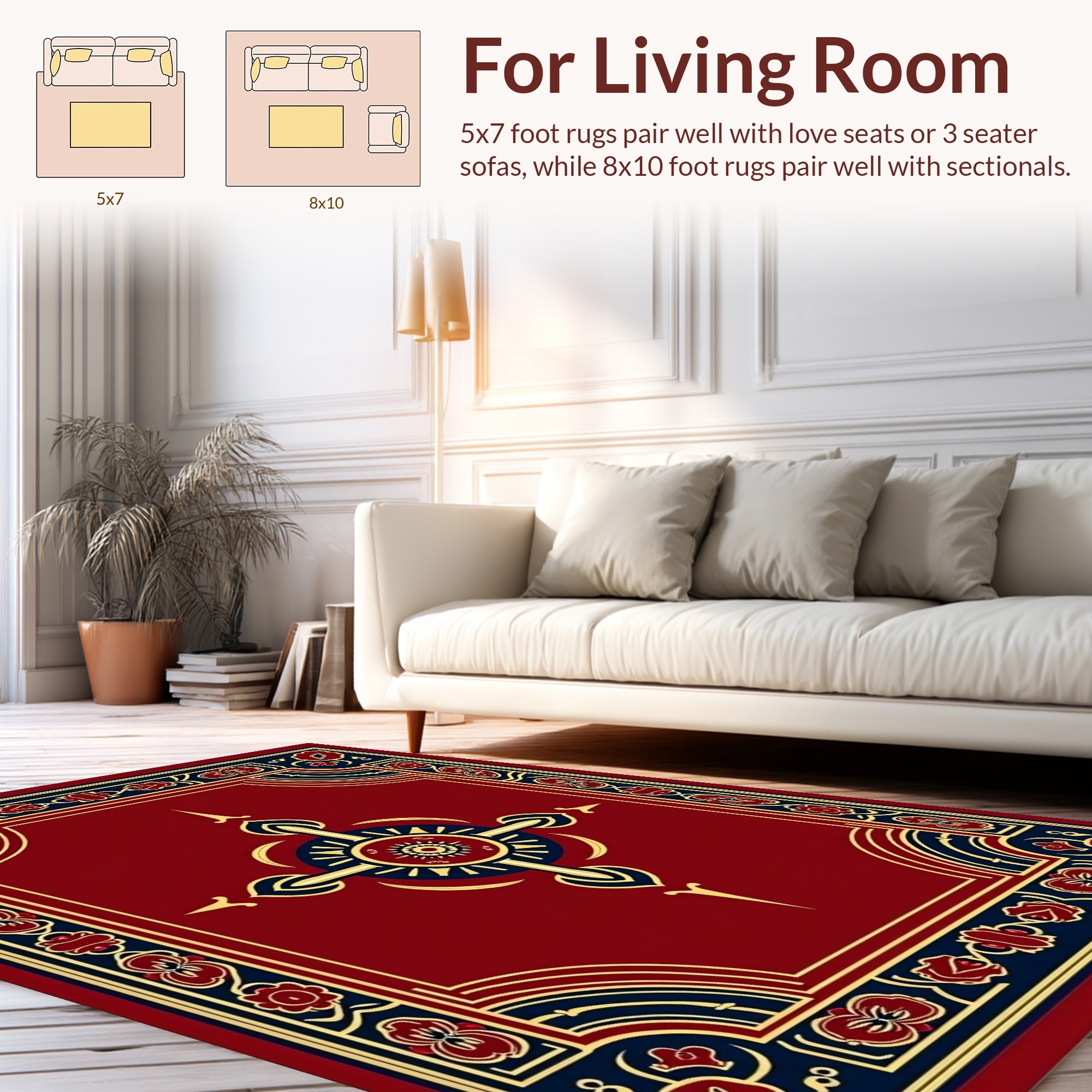 Elegant Red Blue Gold Floral Design Rug