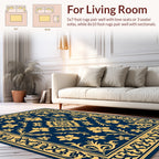 Elegant Golden Floral Patterned Navy Rug