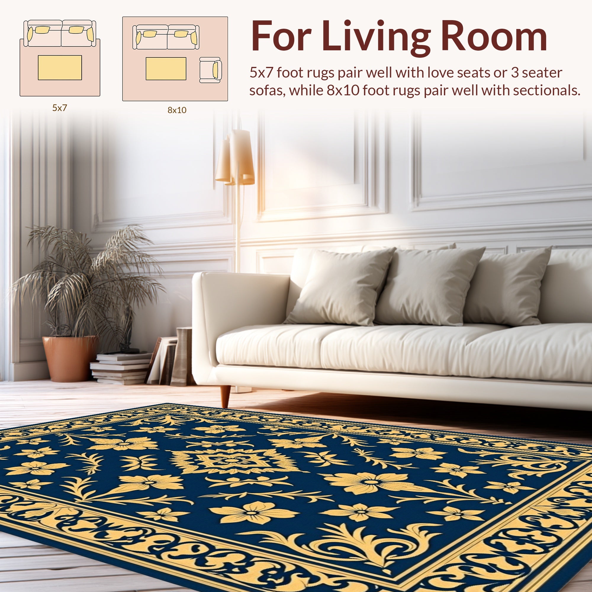 Elegant Golden Floral Patterned Navy Rug