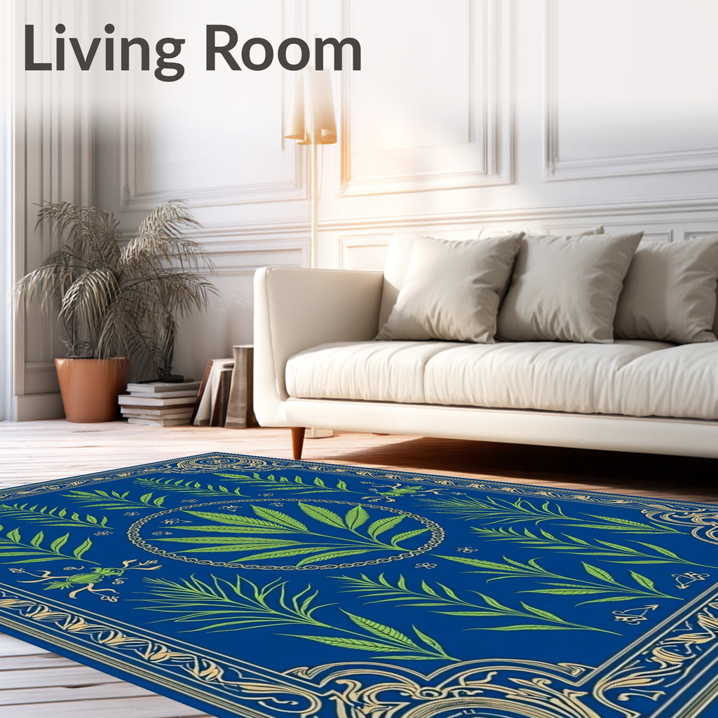 Royal Blue Green Leaf Ornate Border Rug