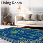 Royal Blue Green Leaf Ornate Border Rug