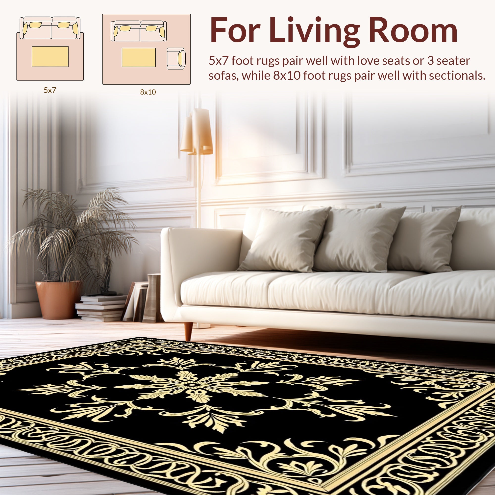 Classic Black Golden Floral Border Rug