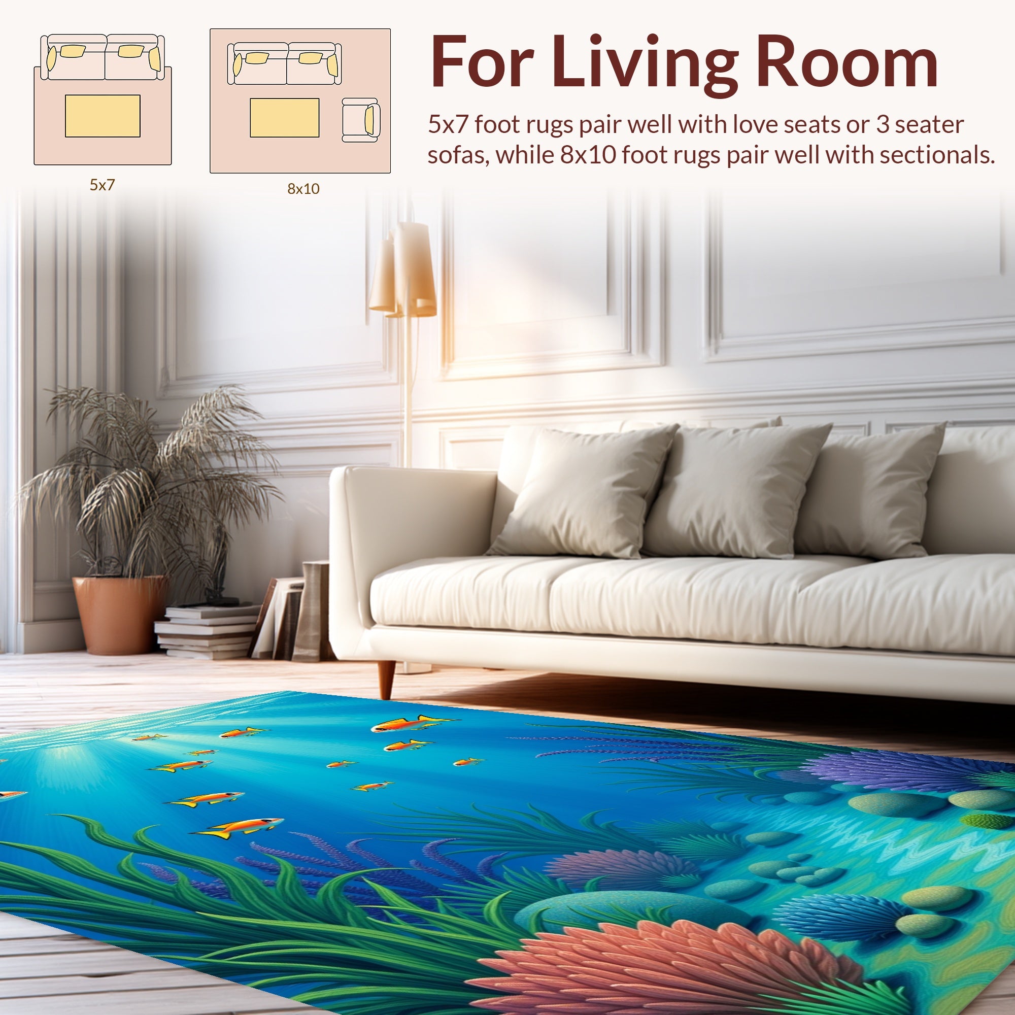 Oceanic Scene 5 Fish Coral Design Rug