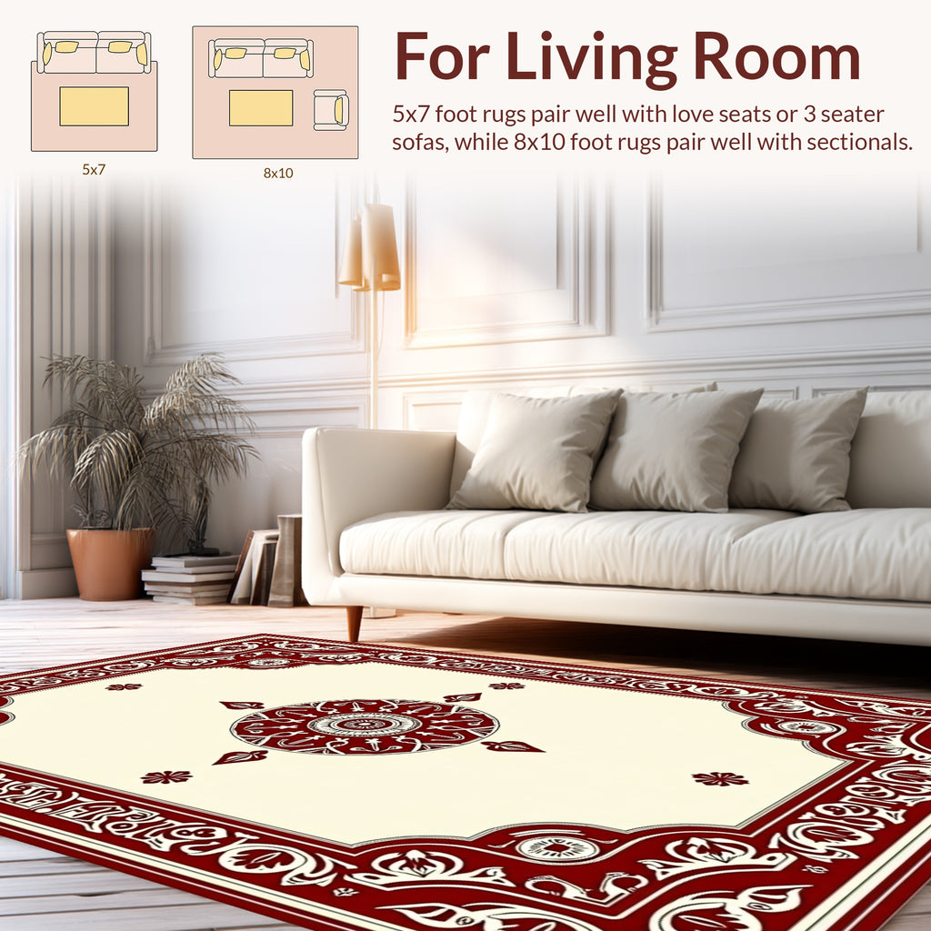 Ornate Red and Cream Medallion Pattern Rug