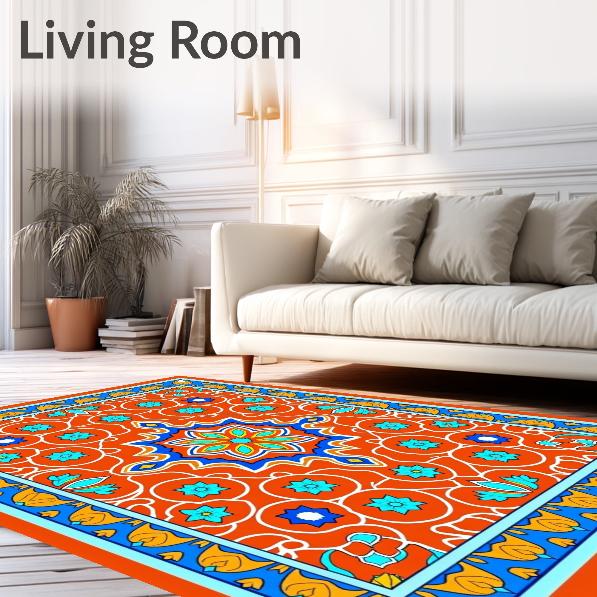 Orange Blue Medallion Floral Pattern Rug