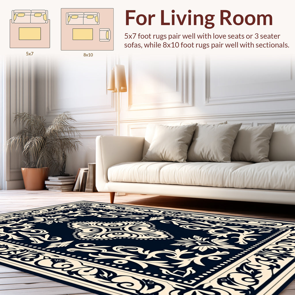Classic Navy With Cream Floral Design Rug