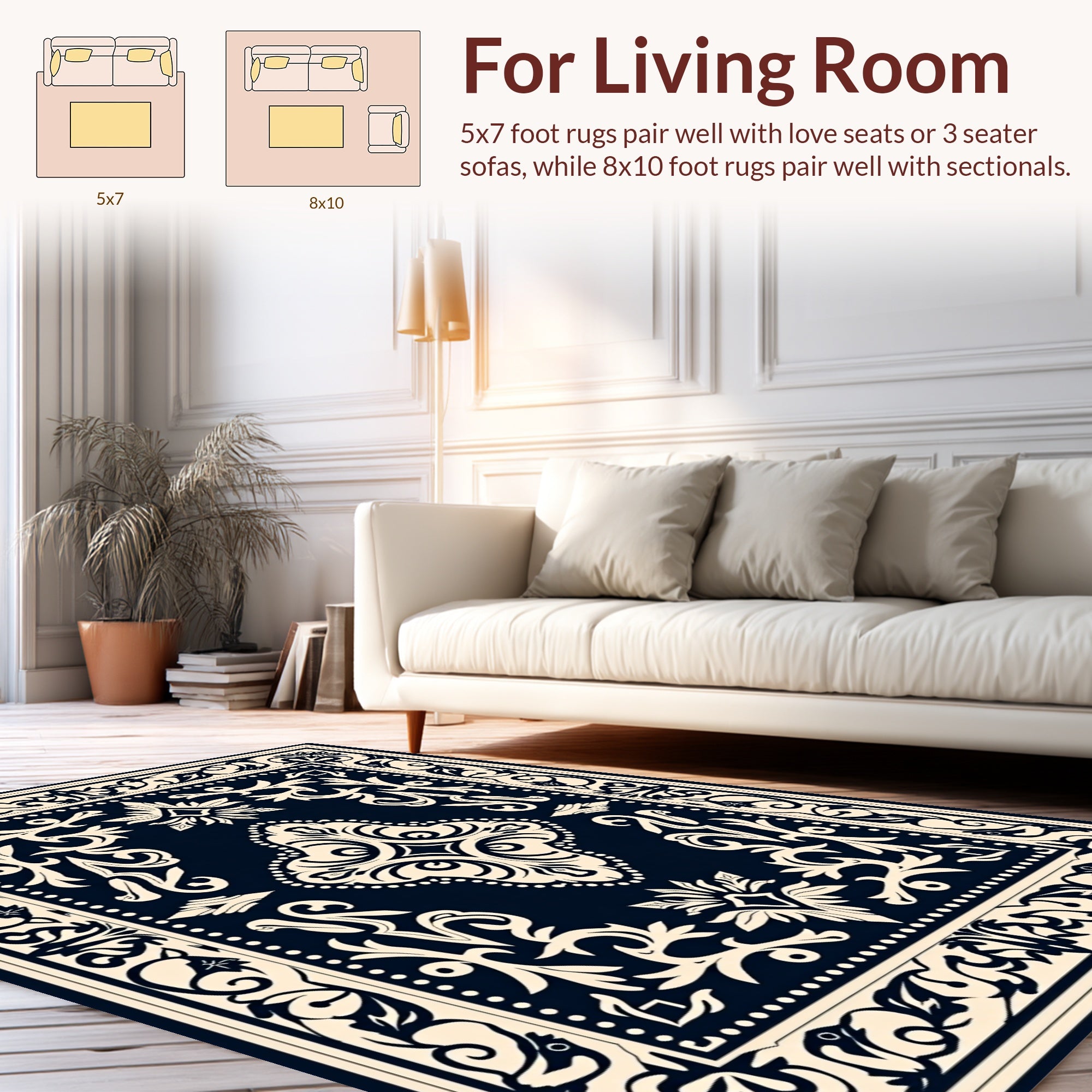 Classic Navy With Cream Floral Design Rug