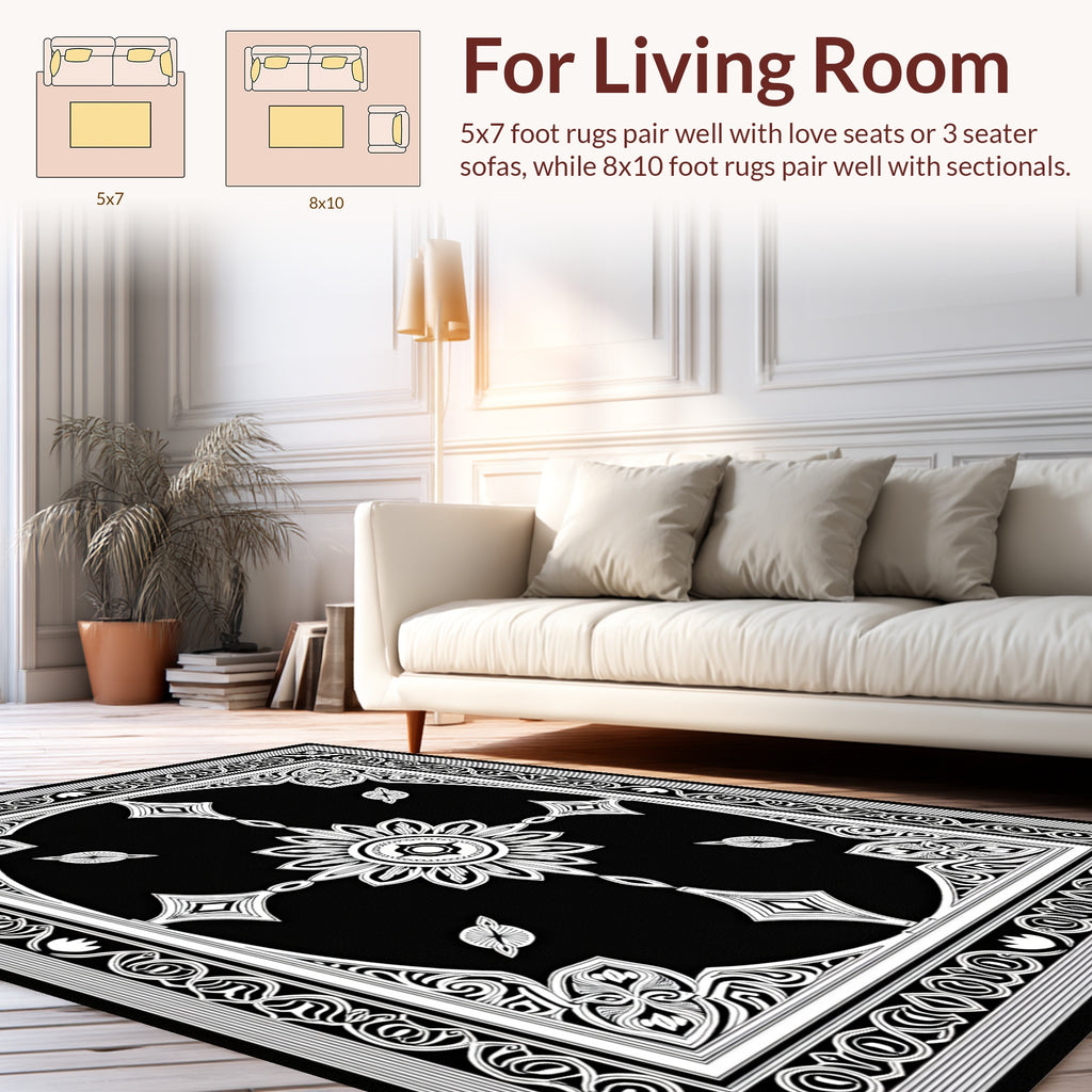Ornate Black And White Floral Design Rug