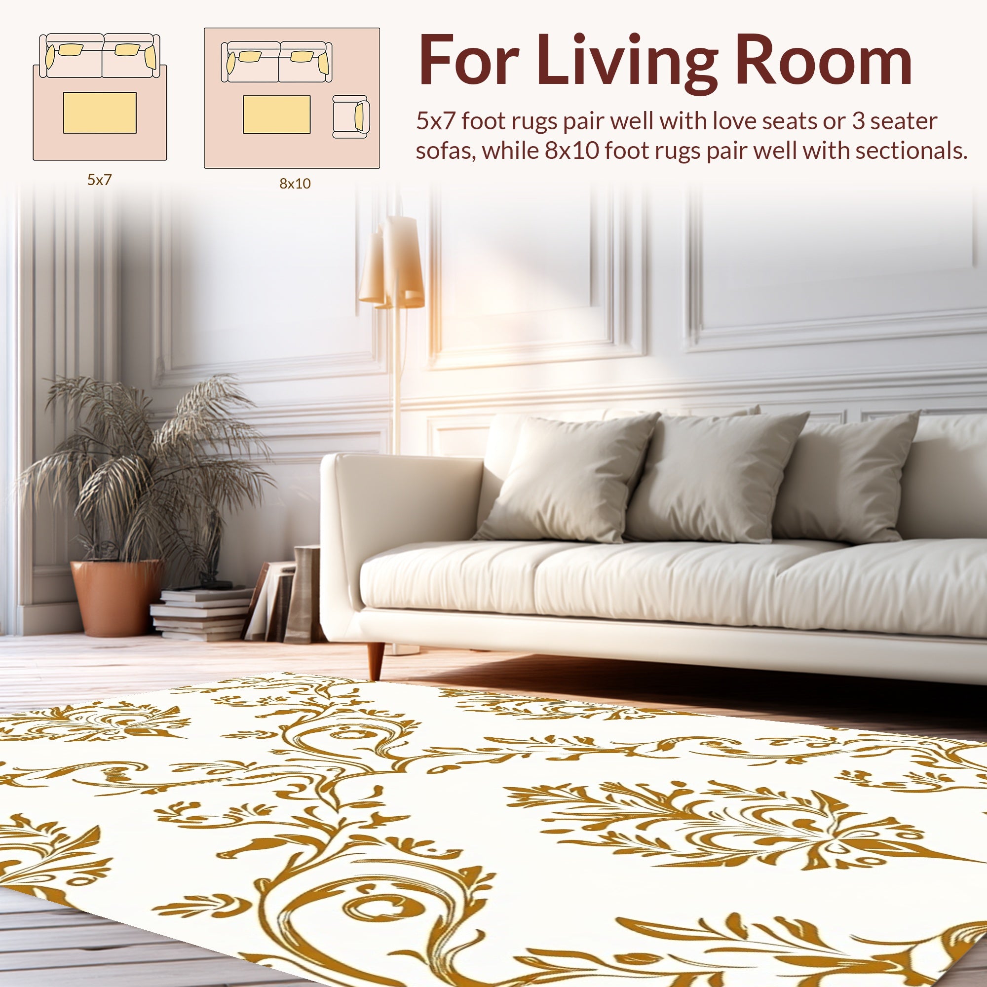 Elegant Gold Swirl Floral Damask Rug