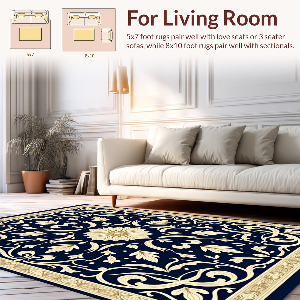 Ornate Floral Navy Cream Rug