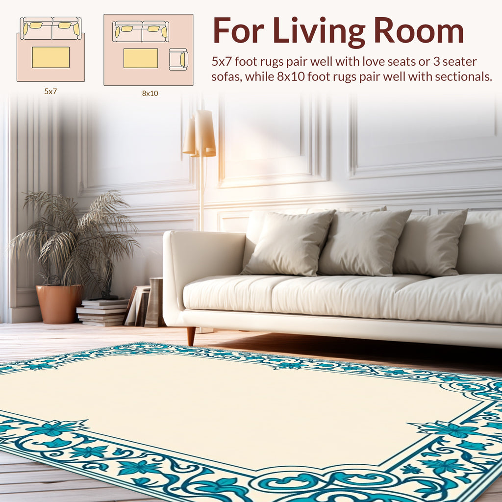 Intricate Teal Floral Scroll Border Design Rug