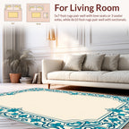 Intricate Teal Floral Scroll Border Design Rug