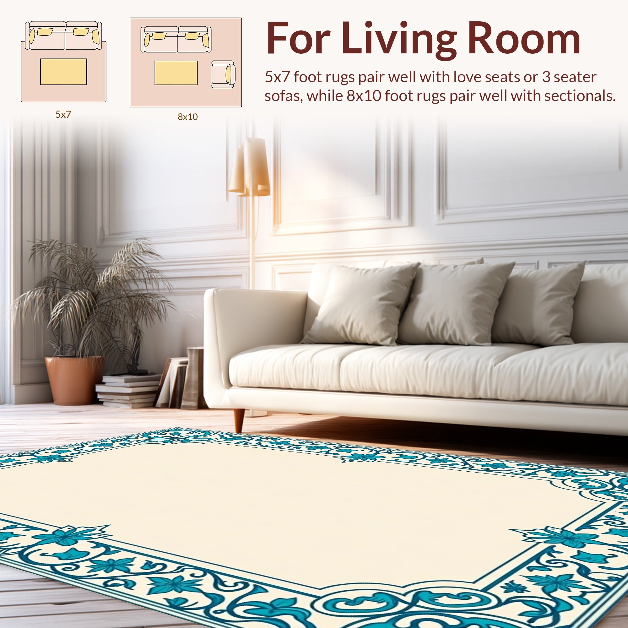 Intricate Teal Floral Scroll Border Design Rug