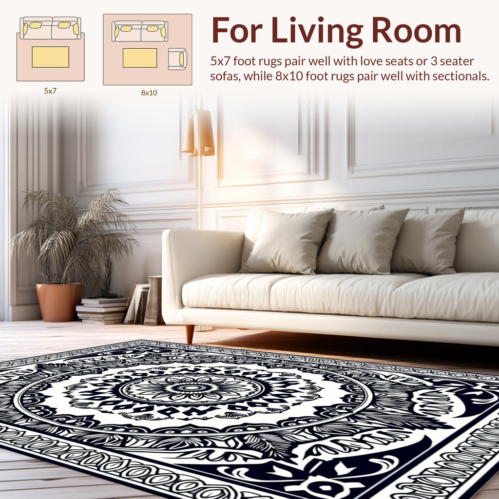 Intricate Black Floral Mandala Design Rug
