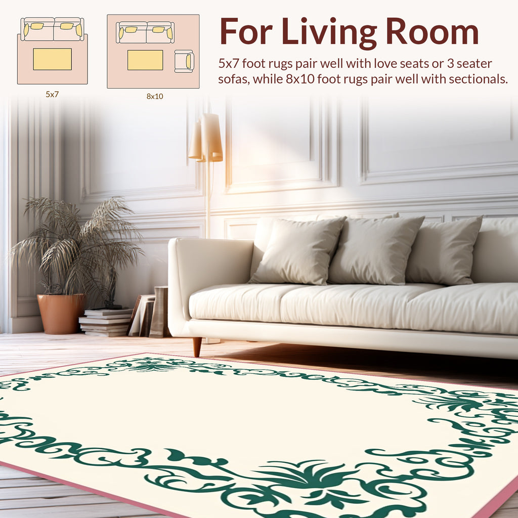 Emerald Green Floral Scroll Border Design Rug
