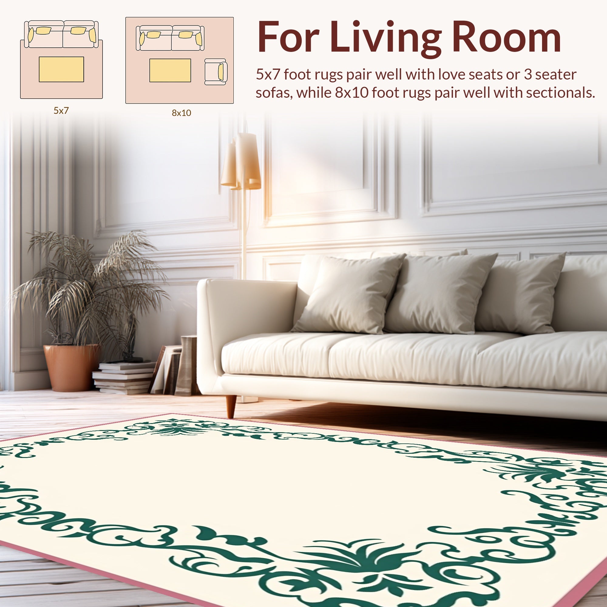 Emerald Green Floral Scroll Border Design Rug