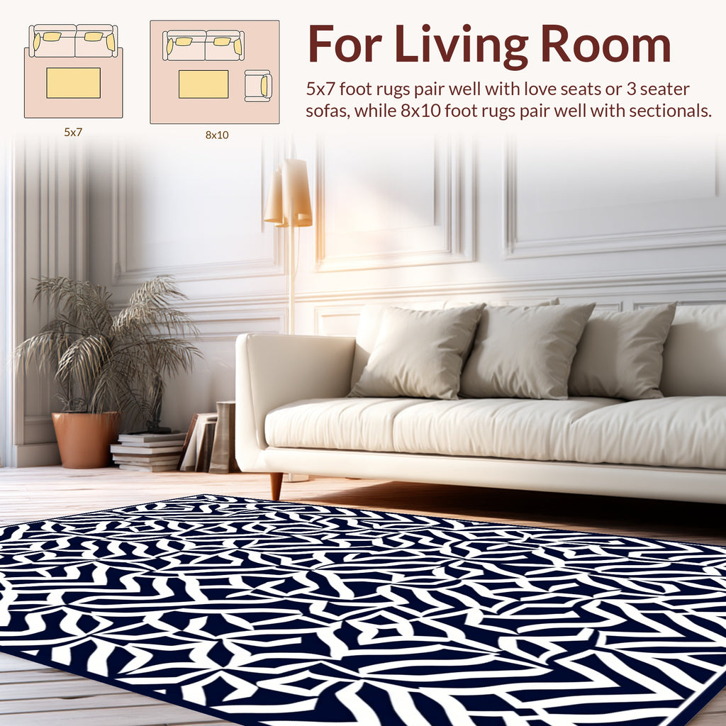 Abstract White Navy Organic Pattern Rug