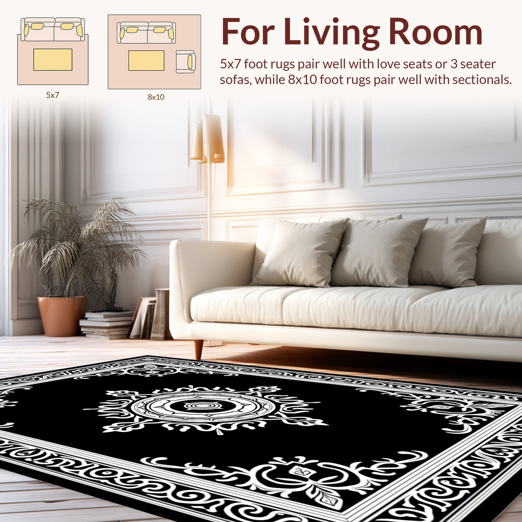 Ornate Monochromatic Mandala Border Design Rug